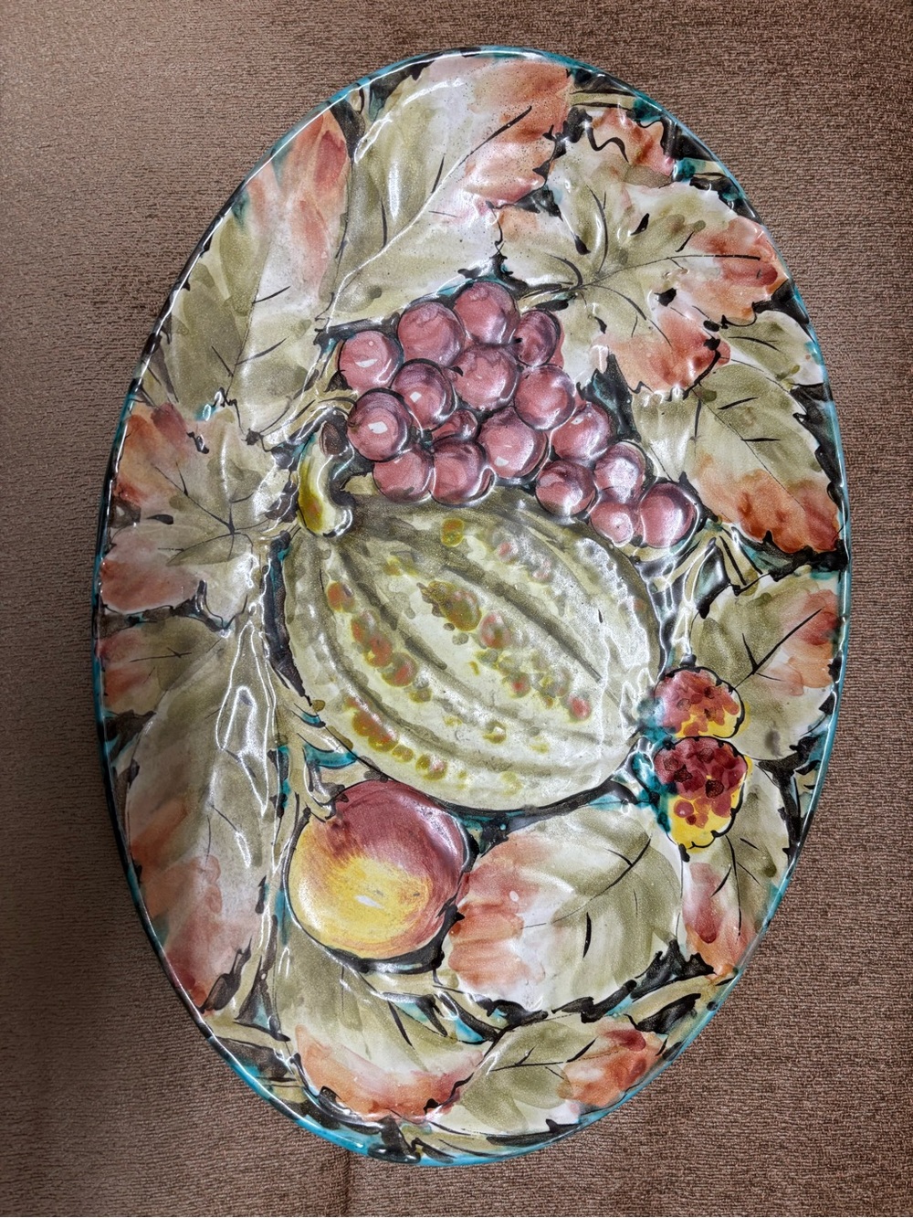Vintage Majolica Italian Hand-Painted Ceramic Fruit Platter embossed Big